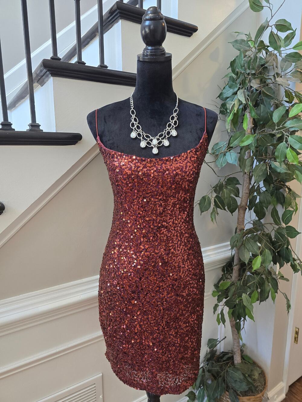 B. Darlin Mini Dress Women's Chest Small Red Sequin Open Back Spaghetti Straps